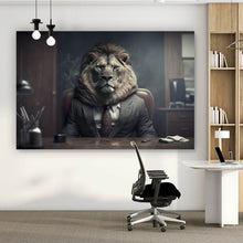 Lade das Bild in den Galerie-Viewer, Acrylglasbild Löwe im Anzug sitzt majestätisch im Büro Querformat