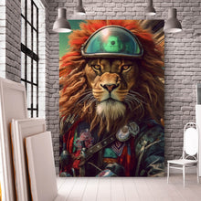 Lade das Bild in den Galerie-Viewer, Aluminiumbild gebürstet Löwe mit Brille und Lederjacke Hochformat