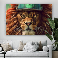Lade das Bild in den Galerie-Viewer, Aluminiumbild gebürstet Löwe mit Brille und Lederjacke Querformat