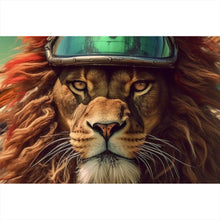 Lade das Bild in den Galerie-Viewer, Aluminiumbild gebürstet Löwe mit Brille und Lederjacke Querformat
