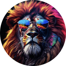 Lade das Bild in den Galerie-Viewer, Aluminiumbild Löwe mit Sonnenbrille und bunte Mähne Kreis