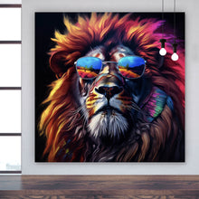 Lade das Bild in den Galerie-Viewer, Leinwandbild Löwe mit Sonnenbrille und bunte Mähne Quadrat