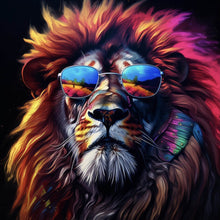 Lade das Bild in den Galerie-Viewer, Acrylglasbild Löwe mit Sonnenbrille und bunte Mähne Quadrat