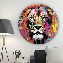 Lade das Bild in den Galerie-Viewer, Aluminiumbild gebürstet Löwenportrait in Graffiti Urbanstil Kreis
