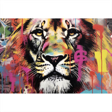 Lade das Bild in den Galerie-Viewer, Leinwandbild Löwenportrait in Graffiti Urbanstil Querformat