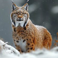 Lade das Bild in den Galerie-Viewer, Aluminiumbild gebürstet Luchs im verschneiten Winterwald No.2 Quadrat