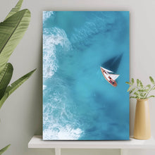 Lade das Bild in den Galerie-Viewer, Leinwandbild Luftaufnahme eines Segelbootes im Meer Hochformat