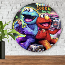 Lade das Bild in den Galerie-Viewer, Aluminiumbild gebürstet Lustige Monster vor galaktischem Hintergrund Street Art Kreis