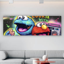 Lade das Bild in den Galerie-Viewer, Aluminiumbild Lustige Monster vor galaktischem Hintergrund Street Art Panorama