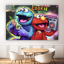 Lade das Bild in den Galerie-Viewer, Aluminiumbild gebürstet Lustige Monster vor galaktischem Hintergrund Street Art Querformat