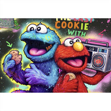 Lade das Bild in den Galerie-Viewer, Aluminiumbild gebürstet Lustige Monster vor galaktischem Hintergrund Street Art Querformat