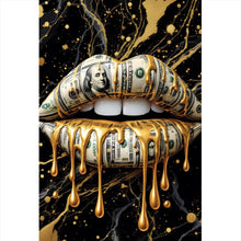 Lade das Bild in den Galerie-Viewer, Aluminiumbild gebürstet Luxuriöse Geldlippen mit goldenen Akzenten Hochformat