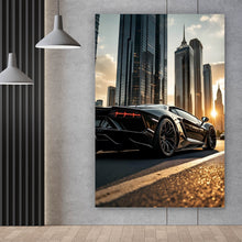 Lade das Bild in den Galerie-Viewer, Acrylglasbild Luxuriöser Sportwagen vor Wolkenkratzern Hochformat