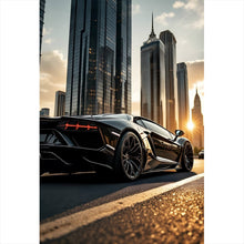 Lade das Bild in den Galerie-Viewer, Poster Luxuriöser Sportwagen vor Wolkenkratzern Hochformat