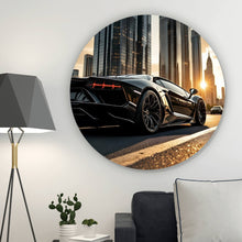 Lade das Bild in den Galerie-Viewer, Aluminiumbild gebürstet Luxuriöser Sportwagen vor Wolkenkratzern Kreis