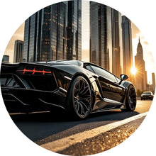 Lade das Bild in den Galerie-Viewer, Aluminiumbild gebürstet Luxuriöser Sportwagen vor Wolkenkratzern Kreis