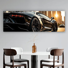 Lade das Bild in den Galerie-Viewer, Aluminiumbild gebürstet Luxuriöser Sportwagen vor Wolkenkratzern Panorama