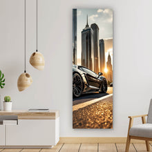 Lade das Bild in den Galerie-Viewer, Aluminiumbild Luxuriöser Sportwagen vor Wolkenkratzern Panorama Hoch