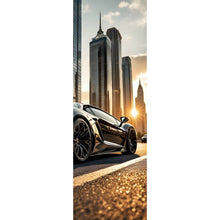 Lade das Bild in den Galerie-Viewer, Aluminiumbild Luxuriöser Sportwagen vor Wolkenkratzern Panorama Hoch