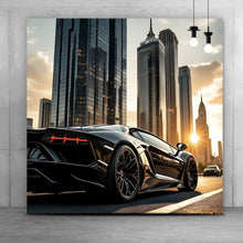 Lade das Bild in den Galerie-Viewer, Poster Luxuriöser Sportwagen vor Wolkenkratzern Quadrat