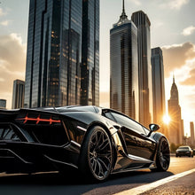 Lade das Bild in den Galerie-Viewer, Acrylglasbild Luxuriöser Sportwagen vor Wolkenkratzern Quadrat