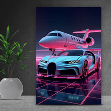 Lade das Bild in den Galerie-Viewer, Aluminiumbild Luxuriöses Auto und Jet in futuristischer Umgebung Hochformat