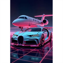 Lade das Bild in den Galerie-Viewer, Spannrahmenbild Luxuriöses Auto und Jet in futuristischer Umgebung Hochformat