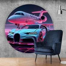 Lade das Bild in den Galerie-Viewer, Aluminiumbild gebürstet Luxuriöses Auto und Jet in futuristischer Umgebung Kreis