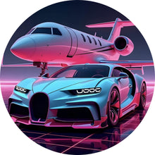 Lade das Bild in den Galerie-Viewer, Aluminiumbild Luxuriöses Auto und Jet in futuristischer Umgebung Kreis