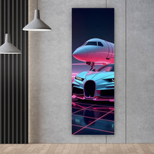 Lade das Bild in den Galerie-Viewer, Leinwandbild Luxuriöses Auto und Jet in futuristischer Umgebung Panorama Hoch