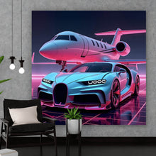 Lade das Bild in den Galerie-Viewer, Aluminiumbild Luxuriöses Auto und Jet in futuristischer Umgebung Quadrat