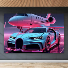 Lade das Bild in den Galerie-Viewer, Acrylglasbild Luxuriöses Auto und Jet in futuristischer Umgebung Querformat