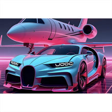 Lade das Bild in den Galerie-Viewer, Acrylglasbild Luxuriöses Auto und Jet in futuristischer Umgebung Querformat