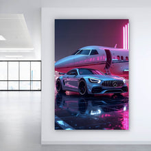 Lade das Bild in den Galerie-Viewer, Poster Luxuriöses Auto vor Privatjet bei Nacht Hochformat