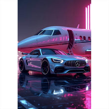 Lade das Bild in den Galerie-Viewer, Poster Luxuriöses Auto vor Privatjet bei Nacht Hochformat
