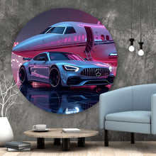 Lade das Bild in den Galerie-Viewer, Aluminiumbild gebürstet Luxuriöses Auto vor Privatjet bei Nacht Kreis