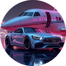 Lade das Bild in den Galerie-Viewer, Aluminiumbild gebürstet Luxuriöses Auto vor Privatjet bei Nacht Kreis
