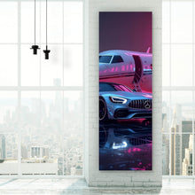 Lade das Bild in den Galerie-Viewer, Acrylglasbild Luxuriöses Auto vor Privatjet bei Nacht Panorama Hoch