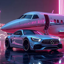 Lade das Bild in den Galerie-Viewer, Aluminiumbild gebürstet Luxuriöses Auto vor Privatjet bei Nacht Quadrat