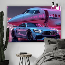 Lade das Bild in den Galerie-Viewer, Leinwandbild Luxuriöses Auto vor Privatjet bei Nacht Querformat