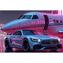 Lade das Bild in den Galerie-Viewer, Aluminiumbild Luxuriöses Auto vor Privatjet bei Nacht Querformat