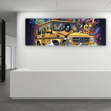 Lade das Bild in den Galerie-Viewer, Leinwandbild Luxus Ente mit Auto und Geld Panorama