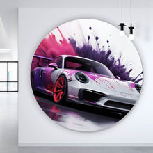 Lade das Bild in den Galerie-Viewer, Aluminiumbild Luxus Rennwagen in Farbexplosion Kreis