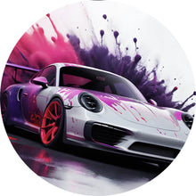 Lade das Bild in den Galerie-Viewer, Aluminiumbild gebürstet Luxus Rennwagen in Farbexplosion Kreis
