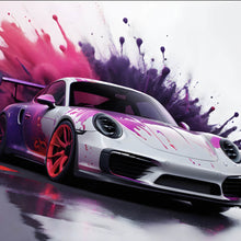 Lade das Bild in den Galerie-Viewer, Acrylglasbild Luxus Rennwagen in Farbexplosion Quadrat