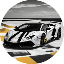 Lade das Bild in den Galerie-Viewer, Aluminiumbild gebürstet Luxus Sportwagen auf der Rennbahn Kreis