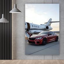 Lade das Bild in den Galerie-Viewer, Leinwandbild Luxusauto vor einem eleganten Privatjet am Flughafen Hochformat