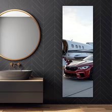 Lade das Bild in den Galerie-Viewer, Leinwandbild Luxusauto vor einem eleganten Privatjet am Flughafen Panorama Hoch