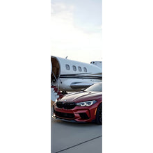 Lade das Bild in den Galerie-Viewer, Leinwandbild Luxusauto vor einem eleganten Privatjet am Flughafen Panorama Hoch