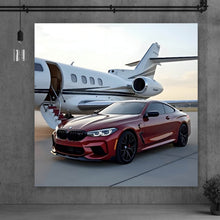 Lade das Bild in den Galerie-Viewer, Leinwandbild Luxusauto vor einem eleganten Privatjet am Flughafen Quadrat